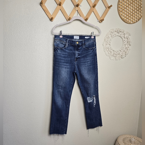 Frame Le High Straight Stallion Rips Cropped Raw Hem Denim Jeans